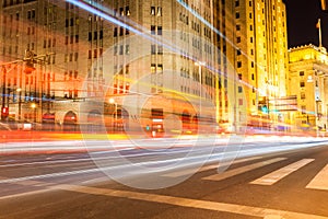 Shanghai bund at night , historical buildings with light trails