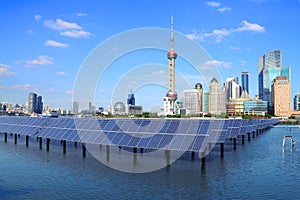 Shanghai Bund skyline landmark at Ecological energy Solar panel