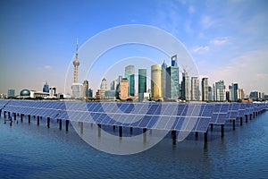 Shanghai Bund skyline landmark at Ecological energy Solar panel