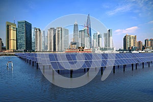 Shanghai Bund skyline landmark at Ecological energy Solar panel