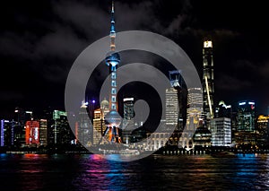 Shanghai, China - August 22, 2017: A night view of the skyscrapers of Lujiazui Pudong New Area at east bank of Huangpu River, loo