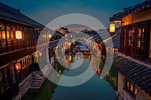 SHANGHAI, CHINA: Beautiful evening light creates magic mood inside Zhouzhuang water town, ancient city district with