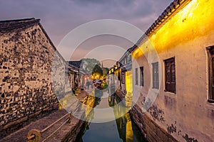 SHANGHAI, CHINA: Beautiful evening light creates magic mood inside Zhouzhuang water town, ancient city district with