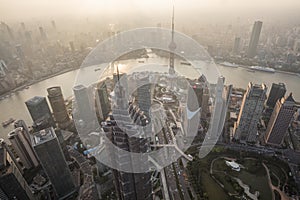 Shanghai, China cityscape overlooking the Financial District and Huangpu River