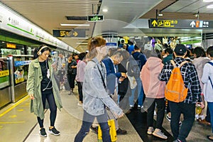 Shanghai, China, Crowded Metro Subway Train, Inside, Chinese Tourists, in CIty Center