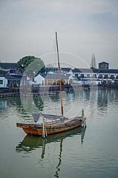 SHANGHAI, CHINA: Famous Zhouzhuang water town, ancient city district with channels and old buildings, charming popular