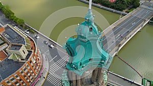 SHANGHAI, CHINA - JULY 2016: Aerial drone view of shanghai post office tower with clocks, sculpture