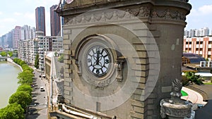 SHANGHAI, CHINA - JULY 2016: Aerial drone view of shanghai post office tower with clocks, sculpture