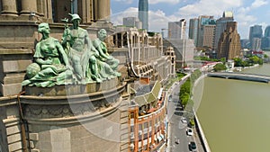 SHANGHAI, CHINA - JULY 2016: Aerial drone view of shanghai post office tower with clocks, sculpture