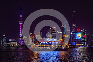 Night view of Oriental Pearl Tower and Pudong new area in Shanghai across Huangpu River