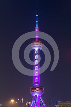 Night view of Oriental Pearl Tower in Pudong new area in Shanghai