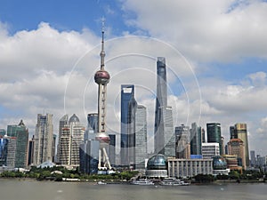 Oriental Pearl Tower, Lujiazui, Pudong, Shanghai, China.  Shanghai Tower, Shanghai World Financial Center and other skyscrapers