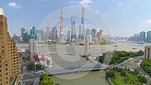 SHANGHAI, CHINA - MAY 5, 2017: Aerial view video, business skycreapers skyline Huangpu river bridge