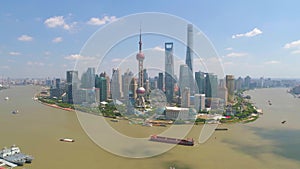 SHANGHAI, CHINA - MAY 5, 2017: Aerial view video, business skycreapers skyline Huangpu river bridge