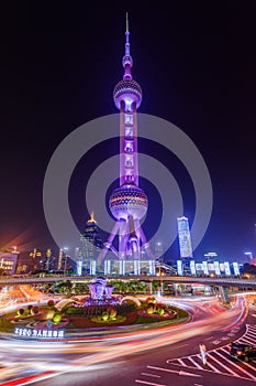 Shanghai, China - May 23, 2018: A night view to the TV tower Oriental Pearl in Shanghai, China