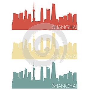 Shanghai China Skyline Silhouette City Stamp Vector Color Vintage Set Logo Illustration Clipart.