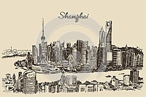 Shanghai City architecture China vintage sketch