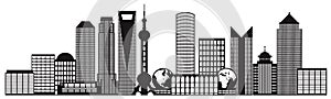 Shanghai City Skyline Black and White Outline Vector Illustration photo