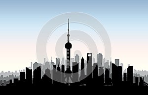 Shanghai city skyline. Chinese urban landscape. Shanghai cityscape with landmarks. Travel China background. Vacation in Asia wall photo