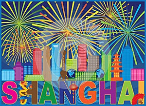 Shanghai City Skyline Fireworks Color vector Illustration