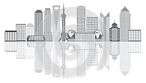 Shanghai City Skyline Grayscale Outline Illustration