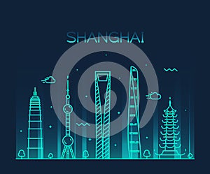 Shanghai City skyline silhouette vector line art