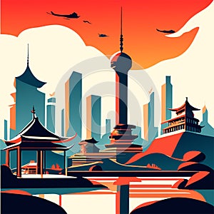 shanghai city skyline at sunset, vector illustration in flat style AI generated