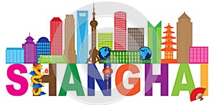 Shanghai City Skyline Text Color vector Illustration