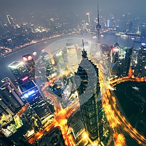 Shanghai City at sunset with light trails