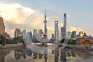 shanghai city from top view with river and morning sky background