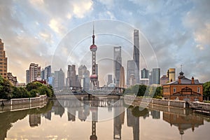 shanghai city from top view with river and morning sky background