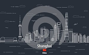 Shanghai cityscape line art style vector detailed illustration. Travel background