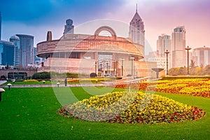 Shanghai downtown at day time, with Shanghai Museum background.