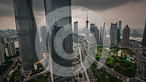 Shanghai downtown sky roof top traffic road panorama 4k time lapse china