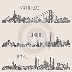 Shanghai Istanbul San Francisco city sketch