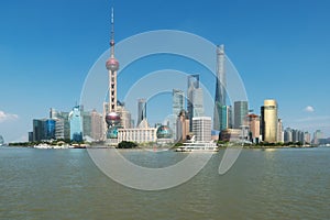 Shanghai lujiazui finance and business district trade zone skyline with cruise ship, Shanghai China