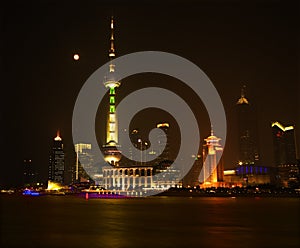 Shanghai Pudong China Skyline Night Moon