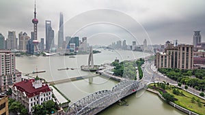 Shanghai rainy day aerial river bay traffic river panorama 4k time lapse china