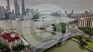 Shanghai rainy day river bay traffic river bridge aerial 4k time lapse china