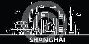 Shanghai silhouette skyline. China - Shanghai vector city, chinese linear architecture, buildings. Shanghai travel