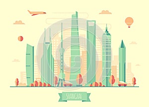 Shanghai skyline architecture vector illustration