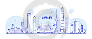 Shanghai skyline China buildings vector linear art