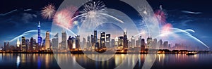 Shanghai skyline with fireworks at night,panoramic view