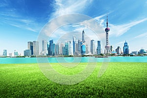 Shanghai skyline and green grass in park