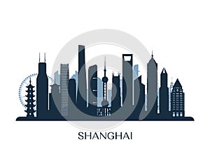 Shanghai skyline, monochrome silhouette.