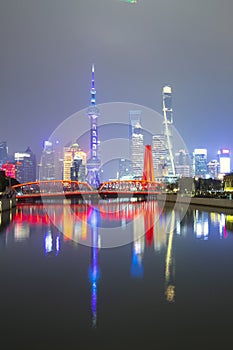 Shanghai skyline and Waibaidu Bridge night, China