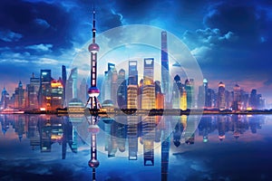 Shanghai skyline at night, China. Shanghai is the capital of China, Shanghai skyline panorama with the Huangpu river, China, AI