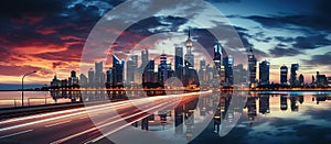 Shanghai skyline at night with light trails on the water