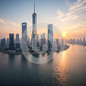 shanghai skyline panorama in sunset, pudong financial center with huangpu river, China. made with Generative