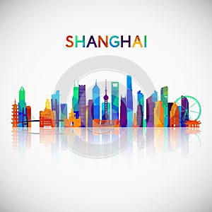 Shanghai skyline silhouette in colorful geometric style.